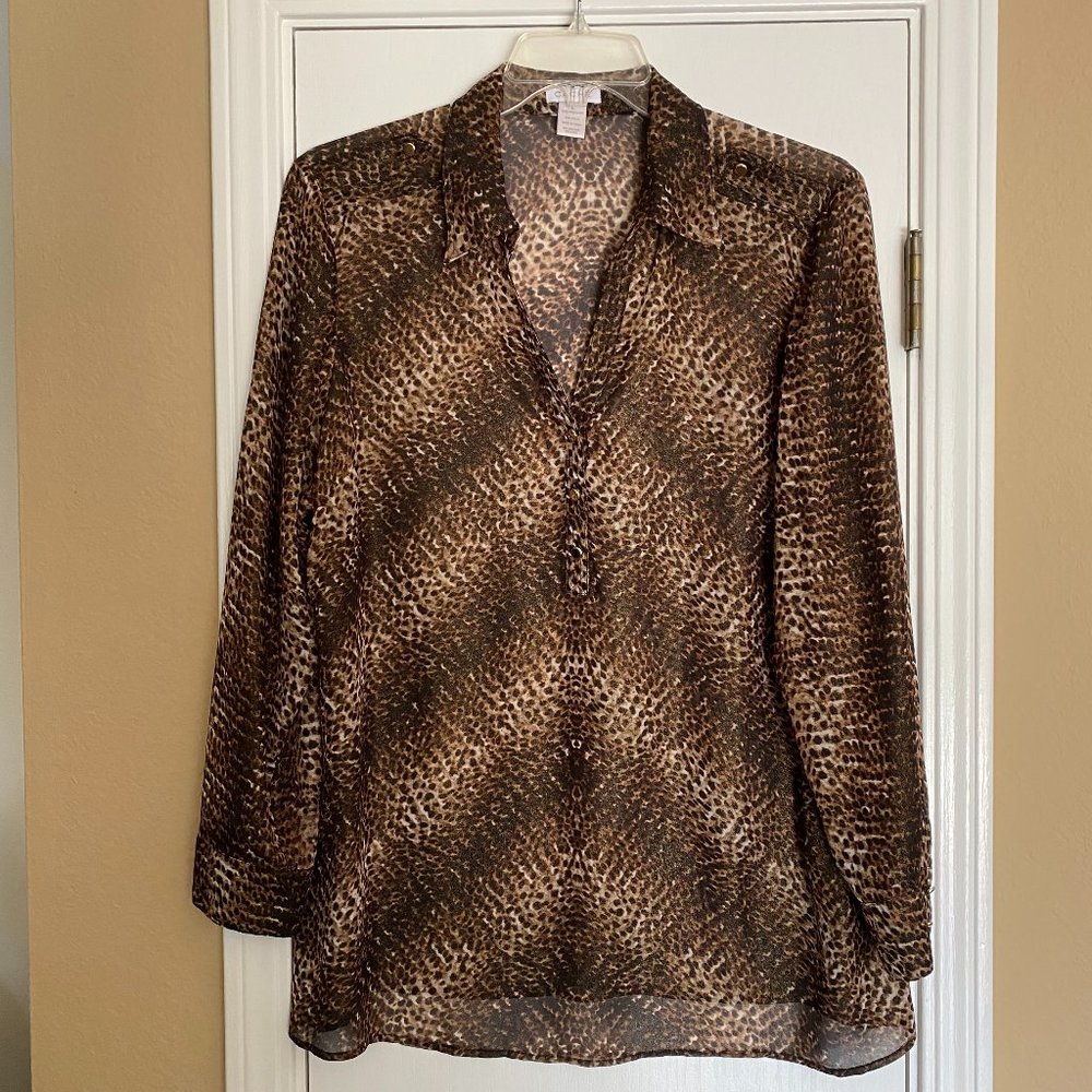 cache animal print sheer long sleeve blouse